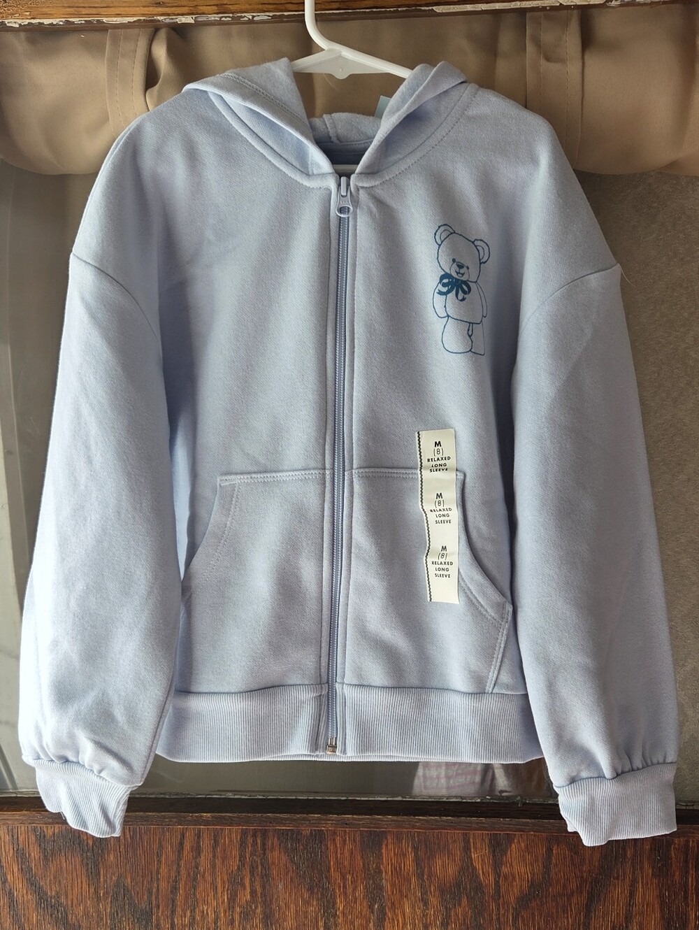 Cat & Jack Light Blue Kids Zip Hoodie with Teddy Motif- Size M (8)